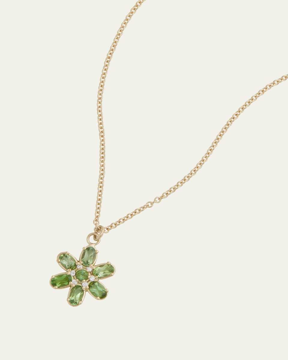 18K Yellow Gold Green Tourmaline and Diamond Floral Pendant Necklace